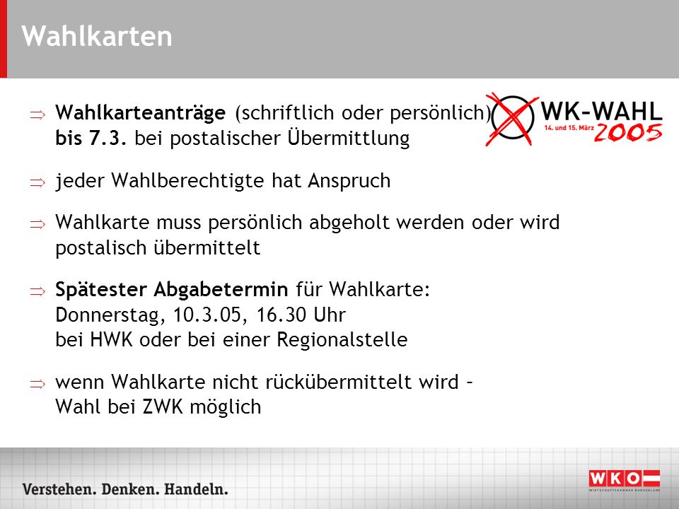 Wahlkarten Wahlkarteanträge (schriftlich oder persönlich) bis 7.3. bei postalischer Übermittlung.
