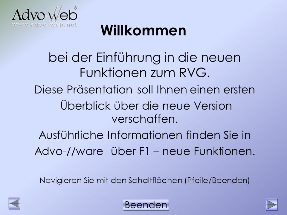 Willkommen bei der Einführung in die neuen Funktionen zum RVG.