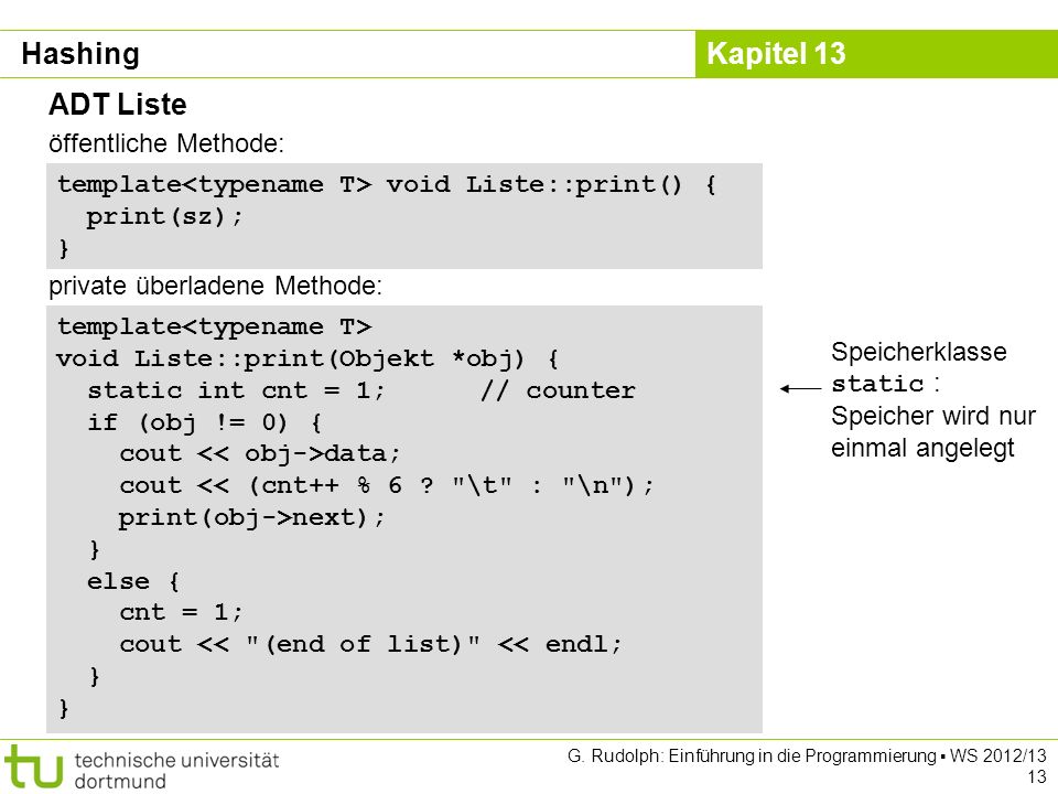Hashing ADT Liste öffentliche Methode: