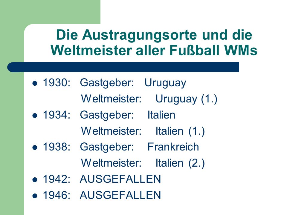 Die Austragungsorte und die Weltmeister aller Fußball WMs