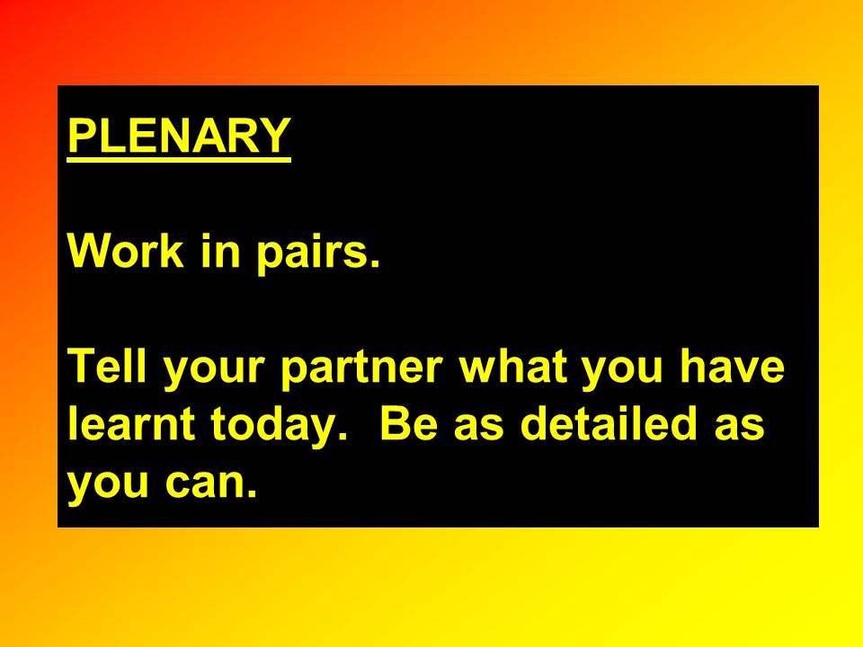 PLENARY Work in pairs. Tell your partner what you have learnt today