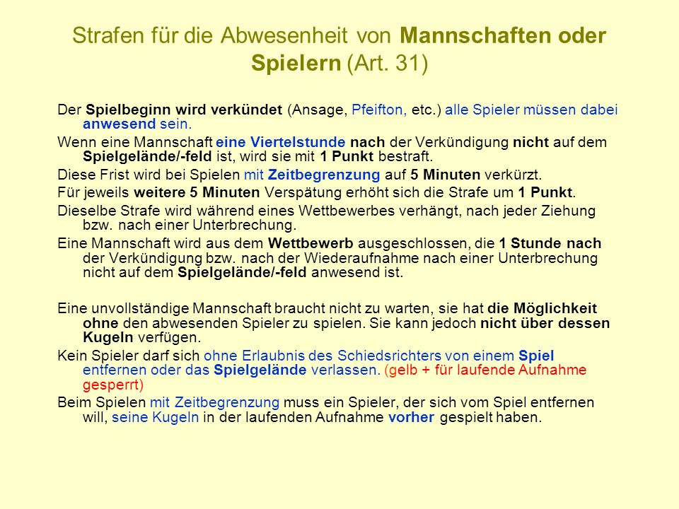 Strafen für die Abwesenheit von Mannschaften oder Spielern (Art. 31)