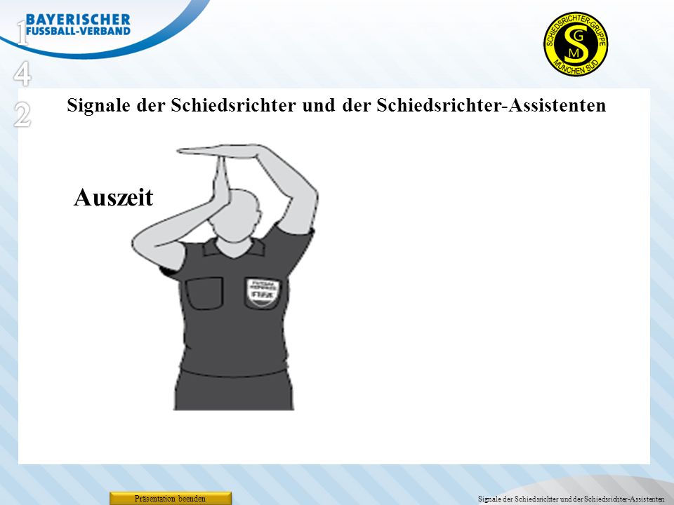 142 Signale der Schiedsrichter und der Schiedsrichter-Assistenten. Auszeit. Präsentation beenden.