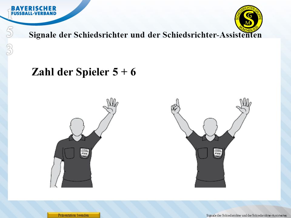 153 Signale der Schiedsrichter und der Schiedsrichter-Assistenten. Zahl der Spieler Präsentation beenden.