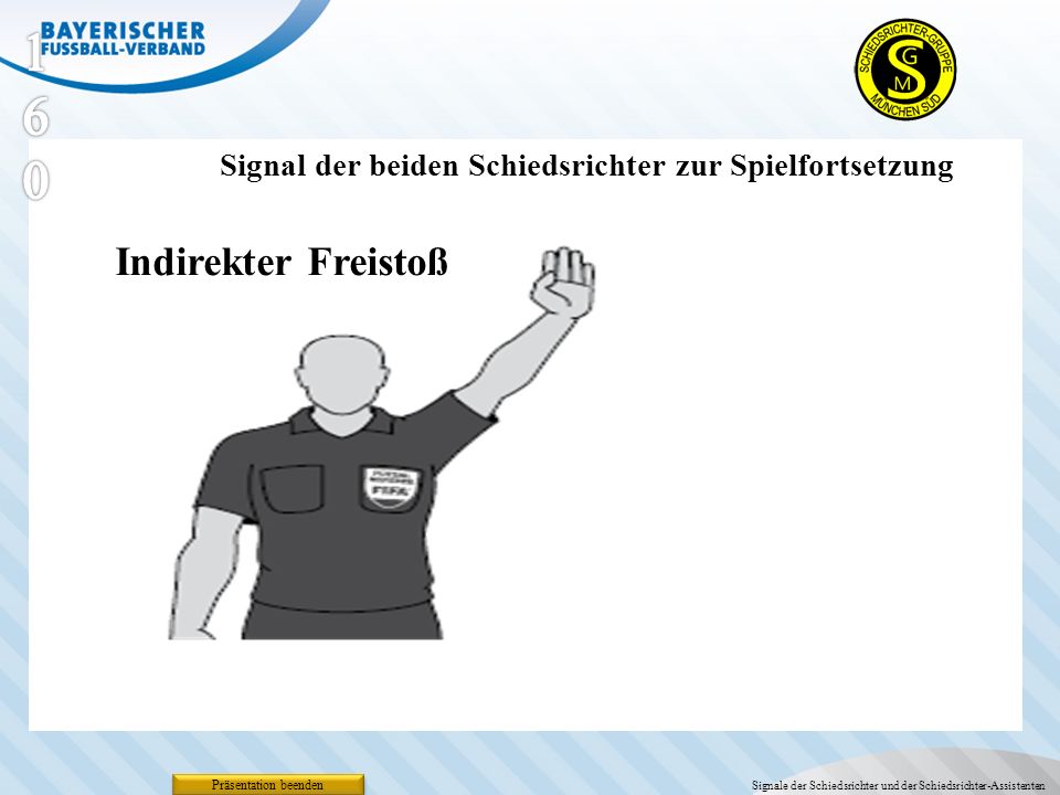 160 Signal der beiden Schiedsrichter zur Spielfortsetzung. Indirekter Freistoß. Präsentation beenden.