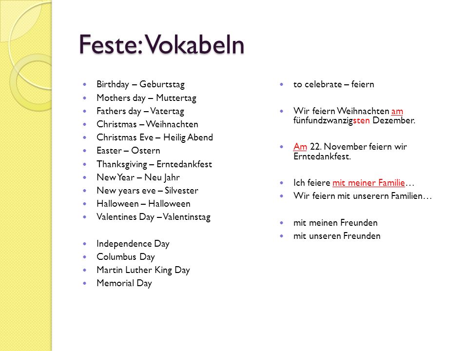 Feste: Vokabeln Birthday – Geburtstag Mothers day – Muttertag