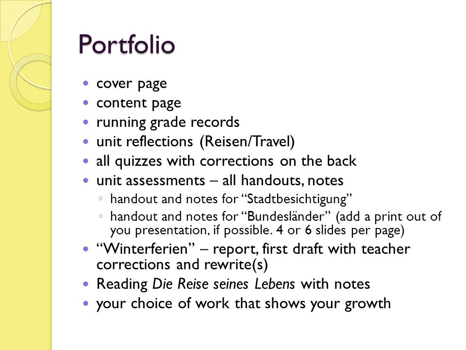 Portfolio cover page content page running grade records