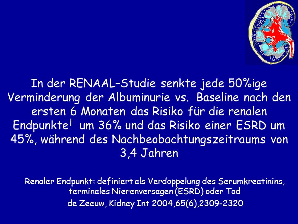 In der RENAAL–Studie senkte jede 50%ige Verminderung der Albuminurie vs. Baseline nach den ersten 6 Monaten das Risiko für die renalen Endpunkte† um 36% und das Risiko einer ESRD um 45%, während des Nachbeobachtungszeitraums von 3,4 Jahren