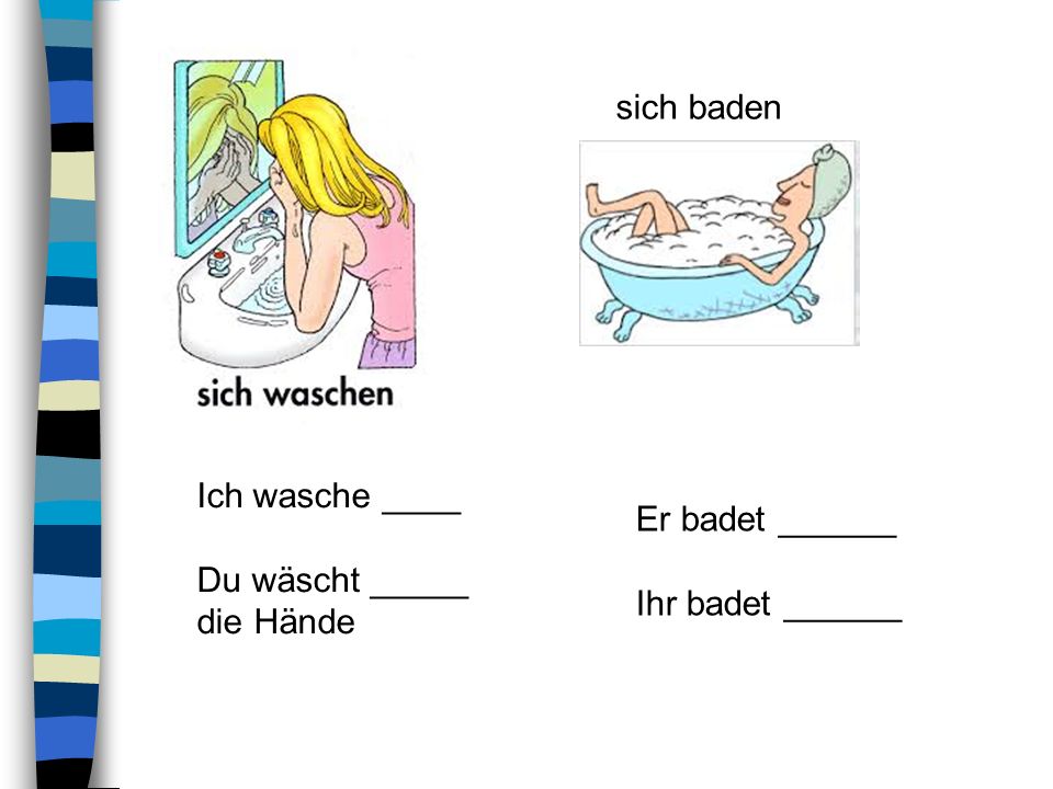 sich baden Ich wasche ____ Du wäscht _____ die Hände Er badet ______ Ihr badet ______