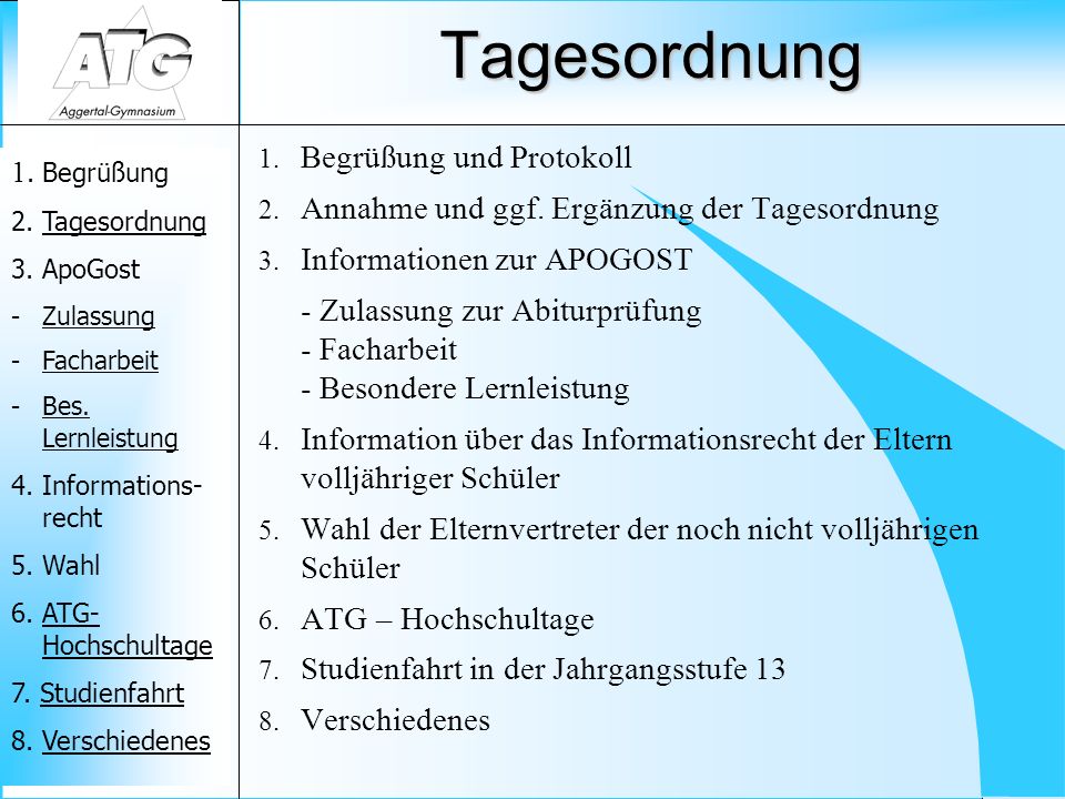 Tagesordnung Begrüßung und Protokoll