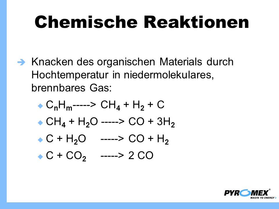 Chemische Reaktionen Knacken des organischen Materials durch Hochtemperatur in niedermolekulares, brennbares Gas: