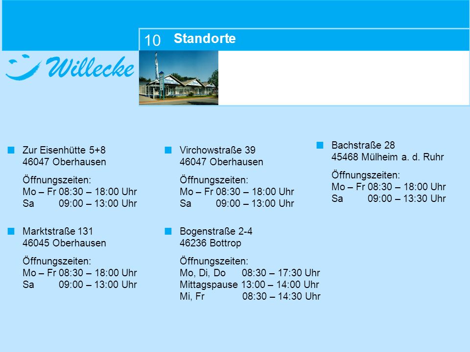Standorte 10. Bachstraße Mülheim a. d. Ruhr Öffnungszeiten: Mo – Fr 08:30 – 18:00 Uhr Sa 09:00 – 13:30 Uhr.