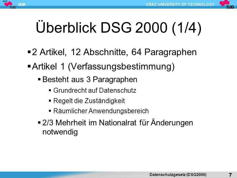 Überblick DSG 2000 (1/4) 2 Artikel, 12 Abschnitte, 64 Paragraphen