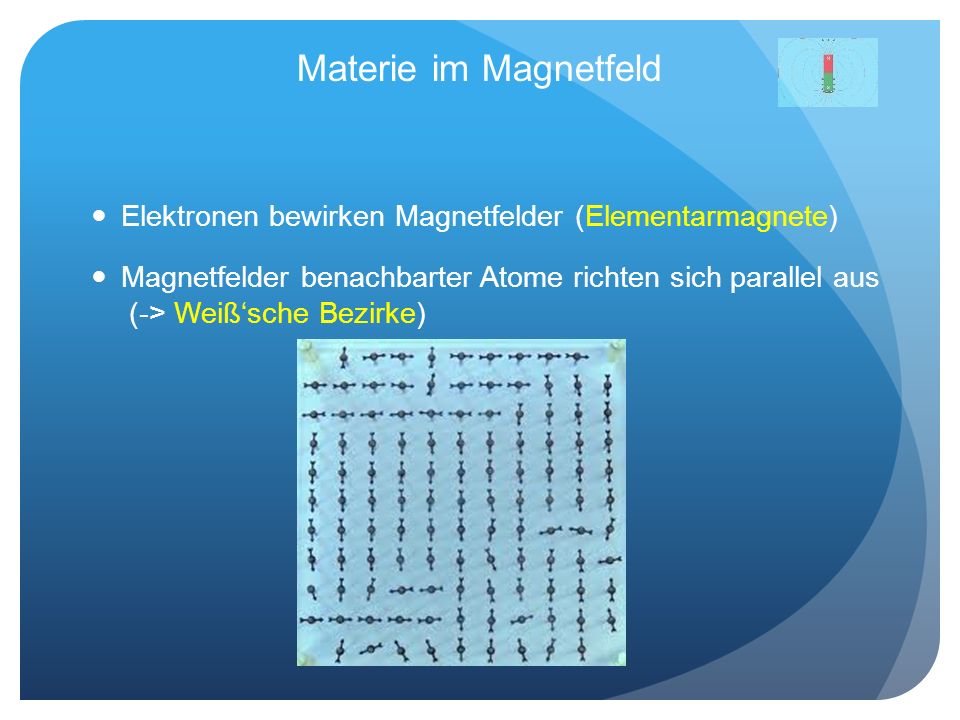 Materie im Magnetfeld Elektronen bewirken Magnetfelder (Elementarmagnete)