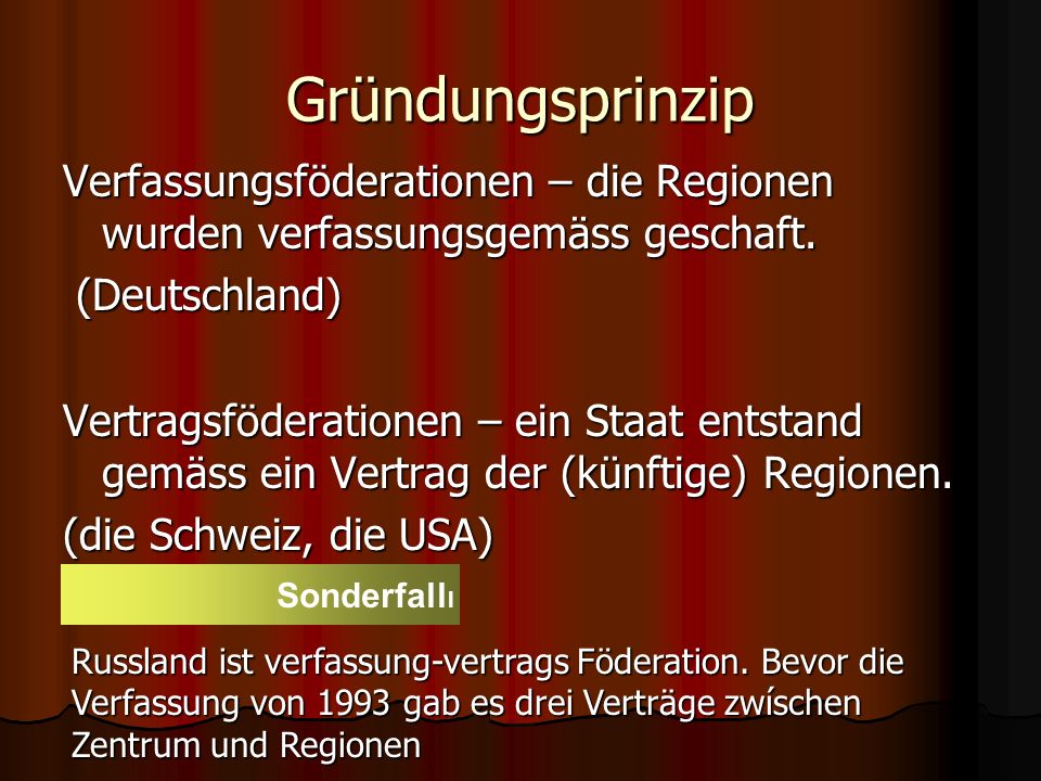 Gründungsprinzip Verfassungsföderationen – die Regionen wurden verfassungsgemäss geschaft. (Deutschland)