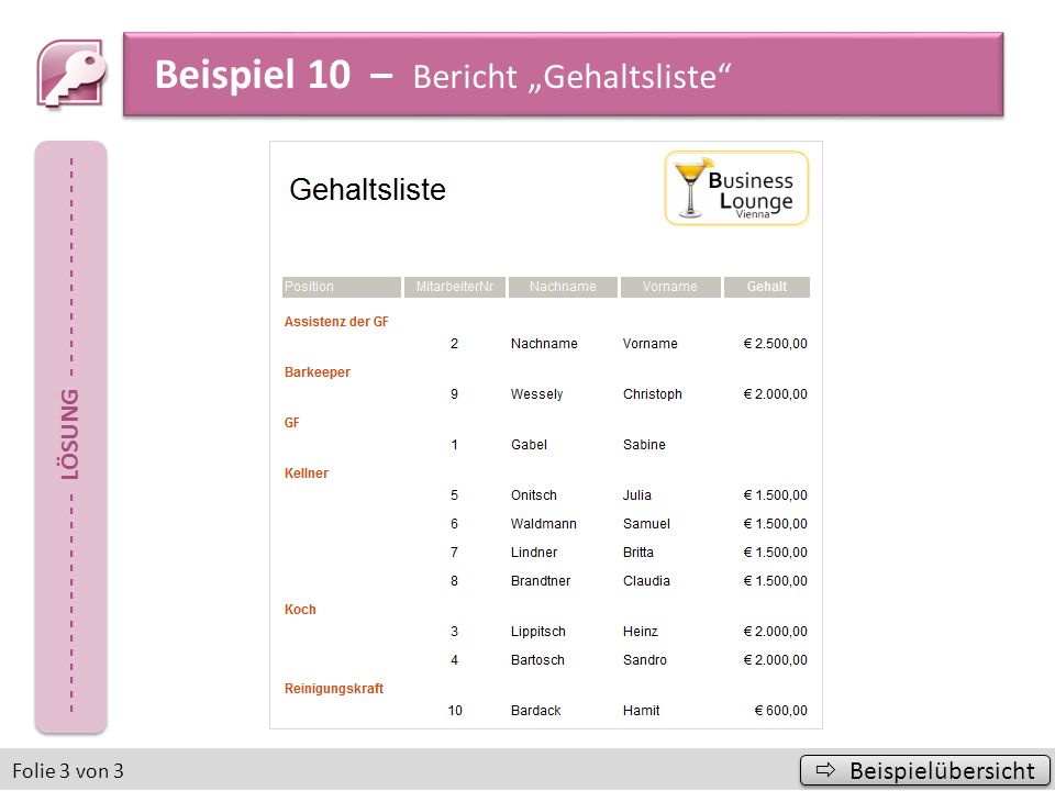 Beispiel 10 – Bericht „Gehaltsliste