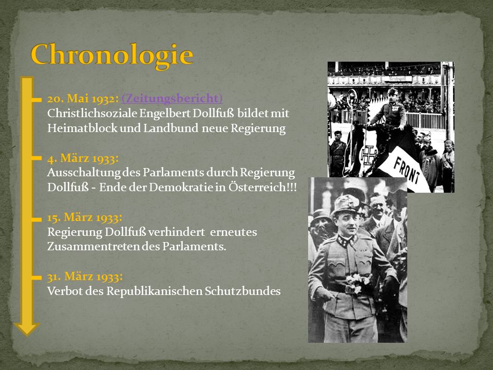 Chronologie 20. Mai 1932: (Zeitungsbericht) Christlichsoziale Engelbert Dollfuß bildet mit Heimatblock und Landbund neue Regierung.