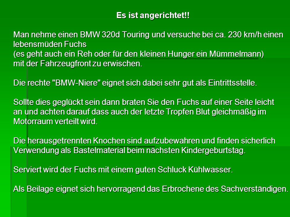 Es ist angerichtet!! Man nehme einen BMW 320d Touring und versuche bei ca. 230 km/h einen. lebensmüden Fuchs.