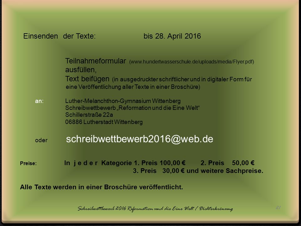 Schreibwettbewerb 2016 Reformation und die Eine Welt / Dichterkrönung