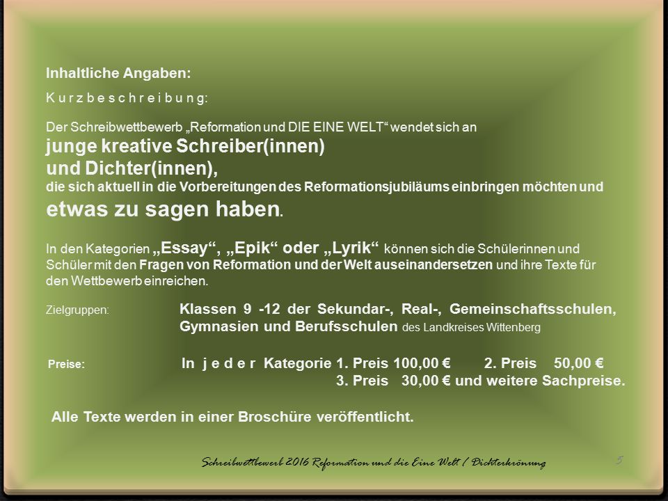 Schreibwettbewerb 2016 Reformation und die Eine Welt / Dichterkrönung
