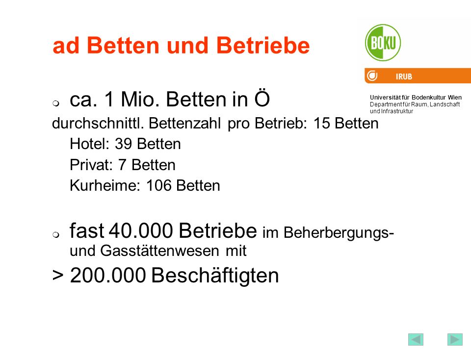 ad Betten und Betriebe ca. 1 Mio. Betten in Ö