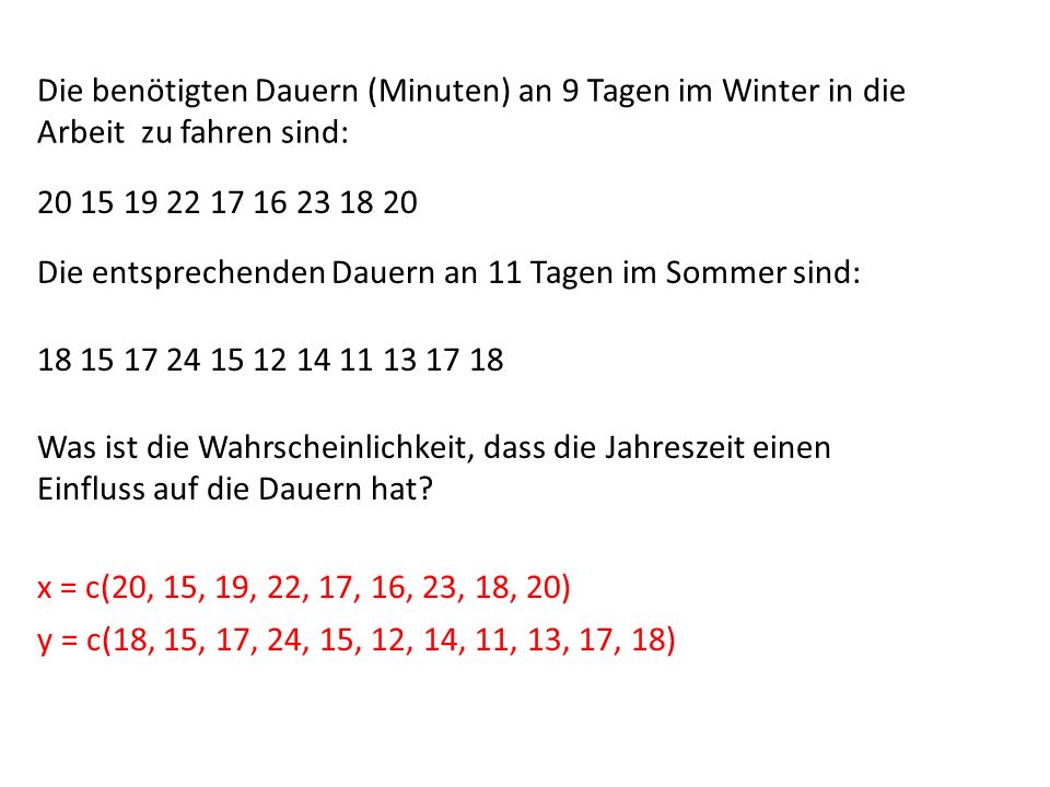 Die benötigten Dauern (Minuten) an 9 Tagen im Winter in die Arbeit zu fahren sind: