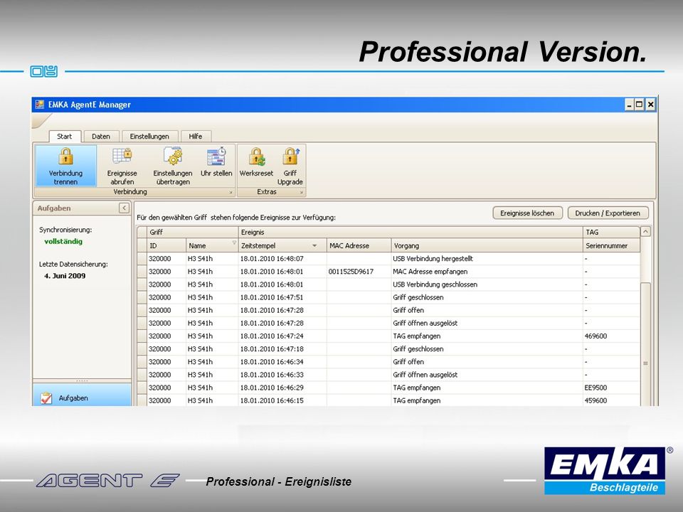 Professional Version. Professional - Ereignisliste