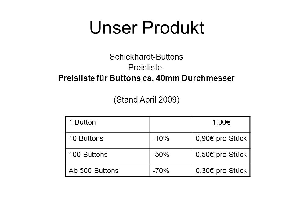 Preisliste für Buttons ca. 40mm Durchmesser