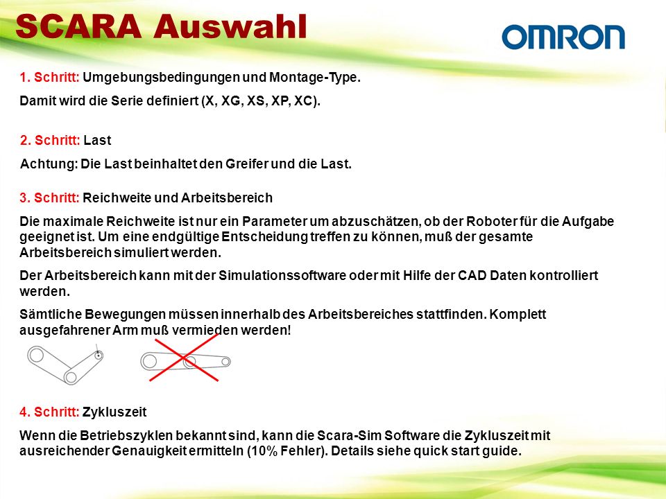 SCARA Auswahl 1. Schritt: Umgebungsbedingungen und Montage-Type.