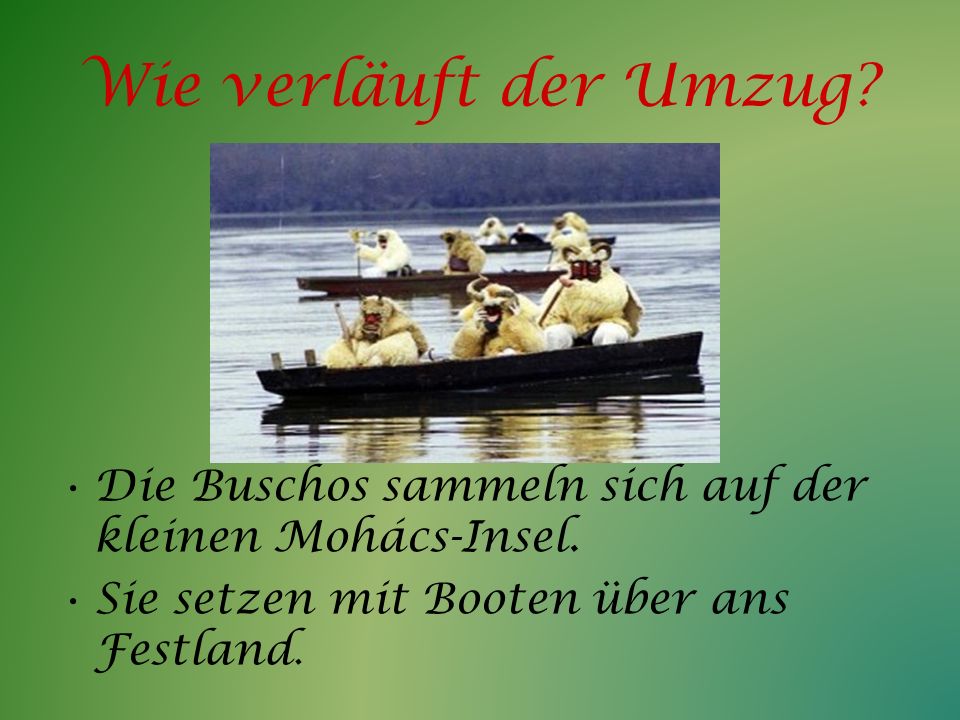 Wie verläuft der Umzug. Die Buschos sammeln sich auf der kleinen Mohács-Insel.