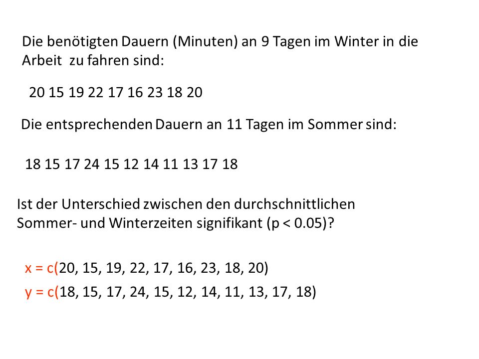 Die benötigten Dauern (Minuten) an 9 Tagen im Winter in die Arbeit zu fahren sind: