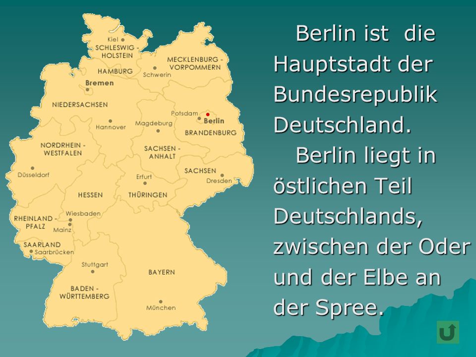 Berlin ist die Hauptstadt der. Bundesrepublik. Deutschland. Berlin liegt in. östlichen Teil. Deutschlands,