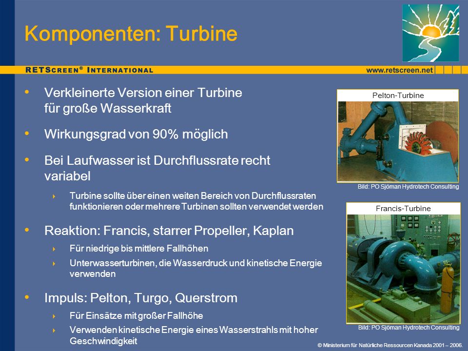 Komponenten: Turbine Verkleinerte Version einer Turbine für große Wasserkraft. Wirkungsgrad von 90% möglich.