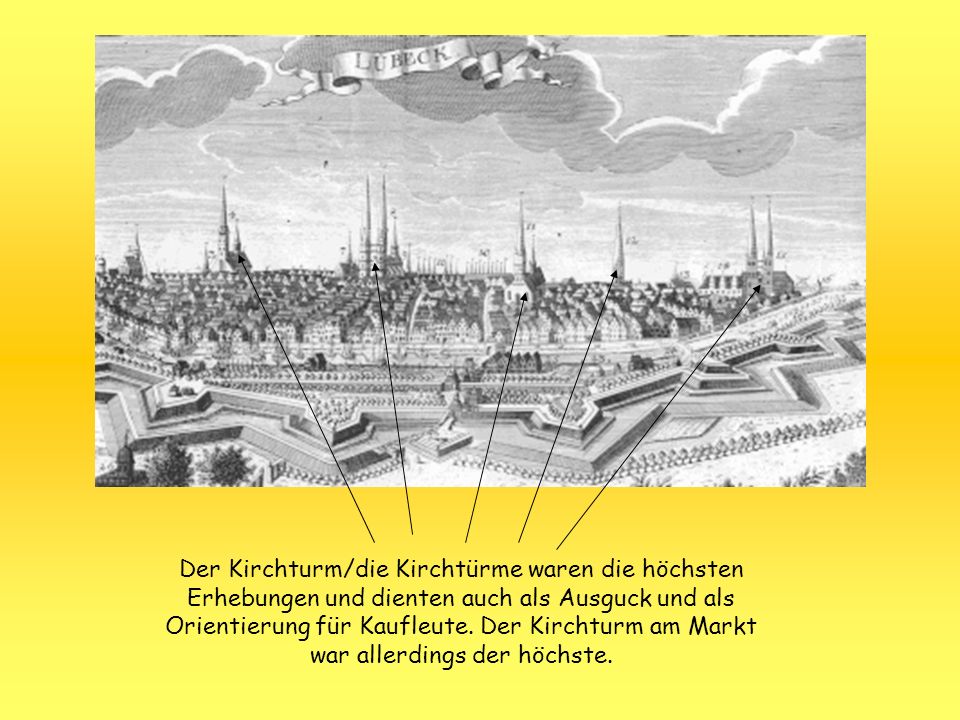 Der Kirchturm/die Kirchtürme waren die höchsten Erhebungen und dienten auch als Ausguck und als Orientierung für Kaufleute.