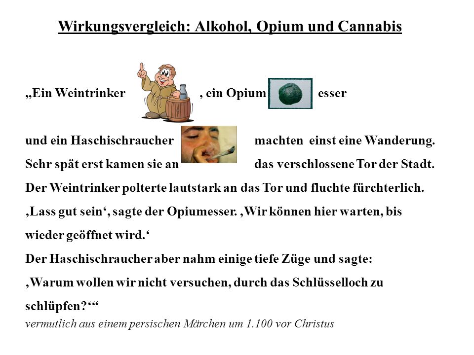 Wirkungsvergleich: Alkohol, Opium und Cannabis