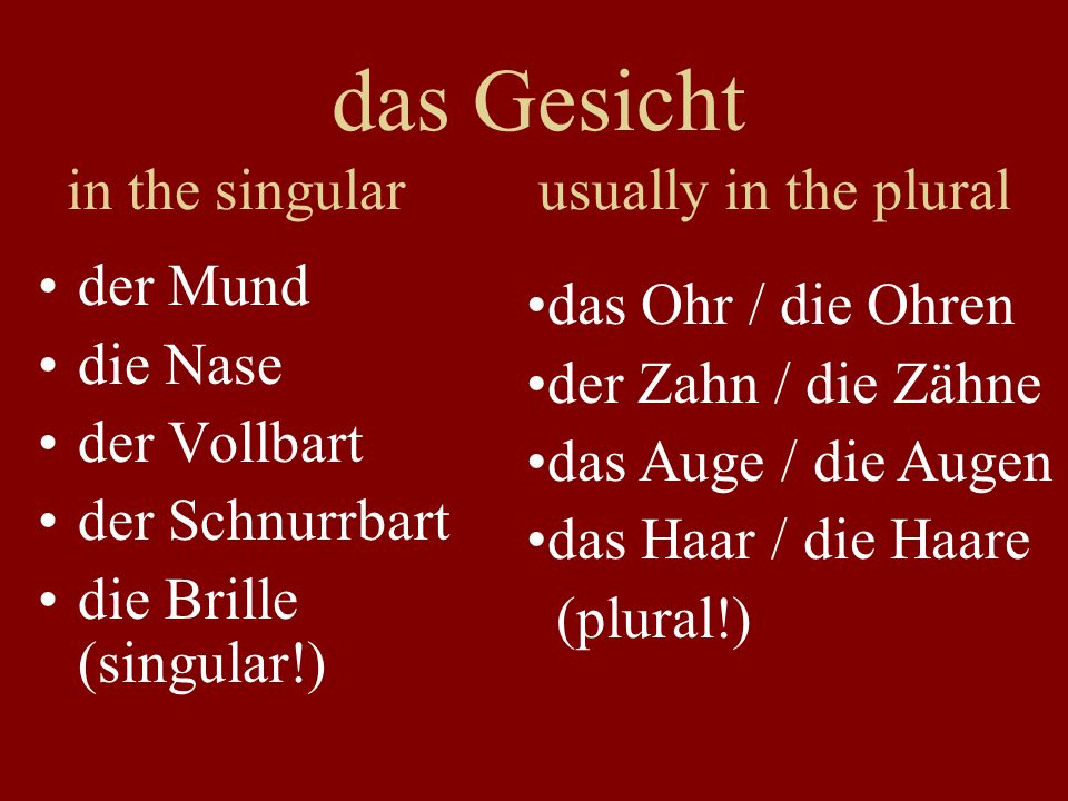 das Gesicht in the singular usually in the plural