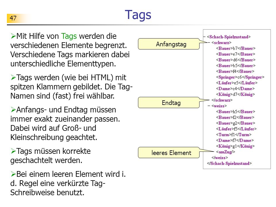 Tags Mit Hilfe von Tags werden die verschiedenen Elemente begrenzt. Verschiedene Tags markieren dabei unterschiedliche Elementtypen.
