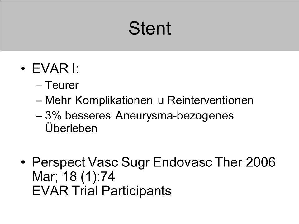 Stent EVAR I: Teurer. Mehr Komplikationen u Reinterventionen. 3% besseres Aneurysma-bezogenes Überleben.