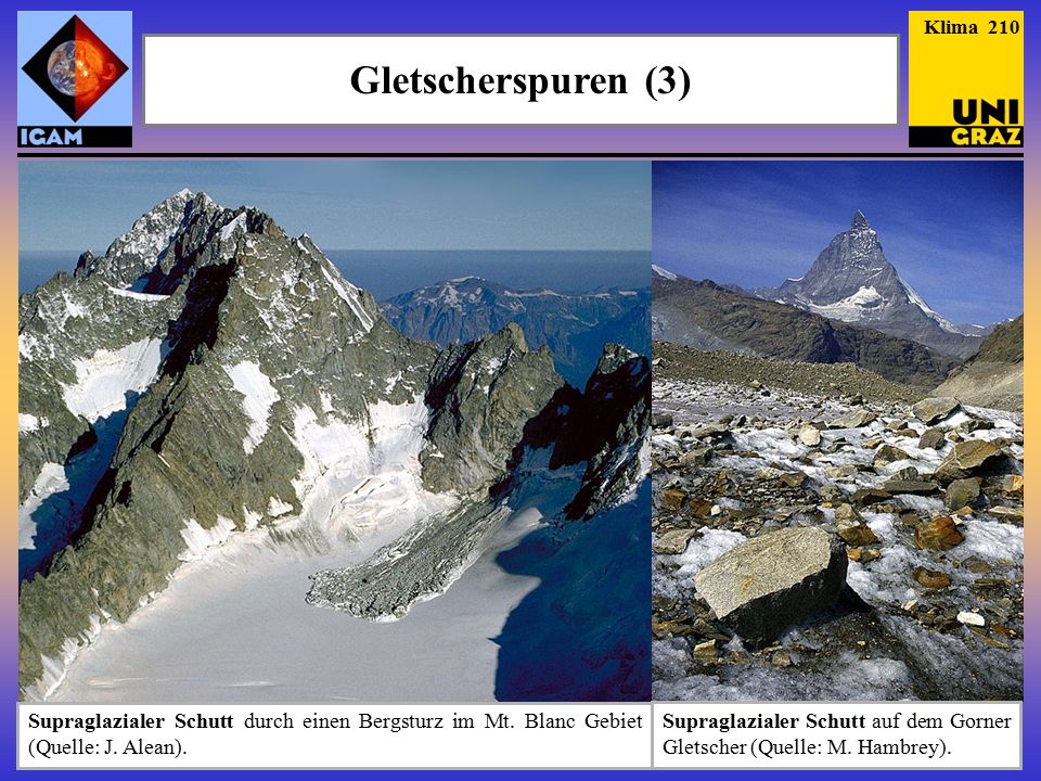 Klima 210 Gletscherspuren (3) Supraglazialer Schutt durch einen Bergsturz im Mt. Blanc Gebiet (Quelle: J. Alean).