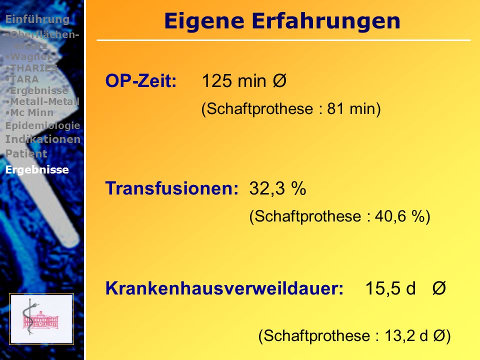 Eigene Erfahrungen OP-Zeit: 125 min Ø (Schaftprothese : 81 min)