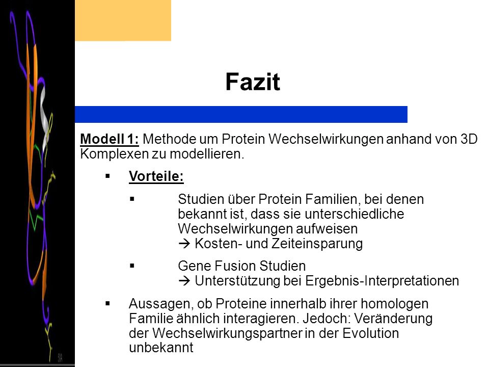 Fazit Modell 1: Methode um Protein Wechselwirkungen anhand von 3D Komplexen zu modellieren. Vorteile: