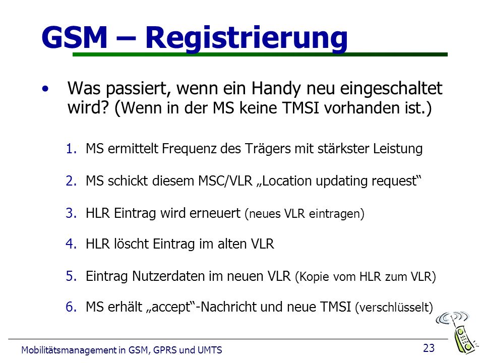 GSM – Registrierung Was passiert, wenn ein Handy neu eingeschaltet wird (Wenn in der MS keine TMSI vorhanden ist.)