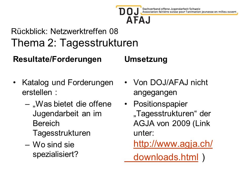 Rückblick: Netzwerktreffen 08 Thema 2: Tagesstrukturen