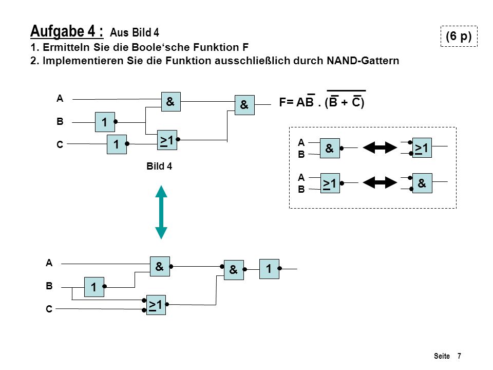 Aufgabe 4 : Aus Bild 4 (6 p) & F= AB . (B + C) & 1 >1 1 & >1
