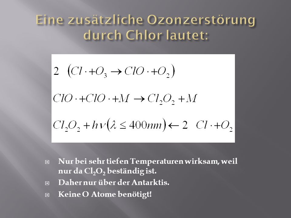 Eine zusätzliche Ozonzerstörung durch Chlor lautet: