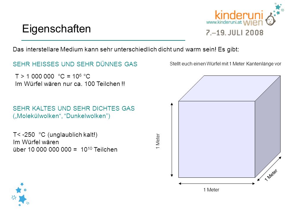 Eigenschaften Das interstellare Medium kann sehr unterschiedlich dicht und warm sein! Es gibt: SEHR HEISSES UND SEHR DÜNNES GAS.