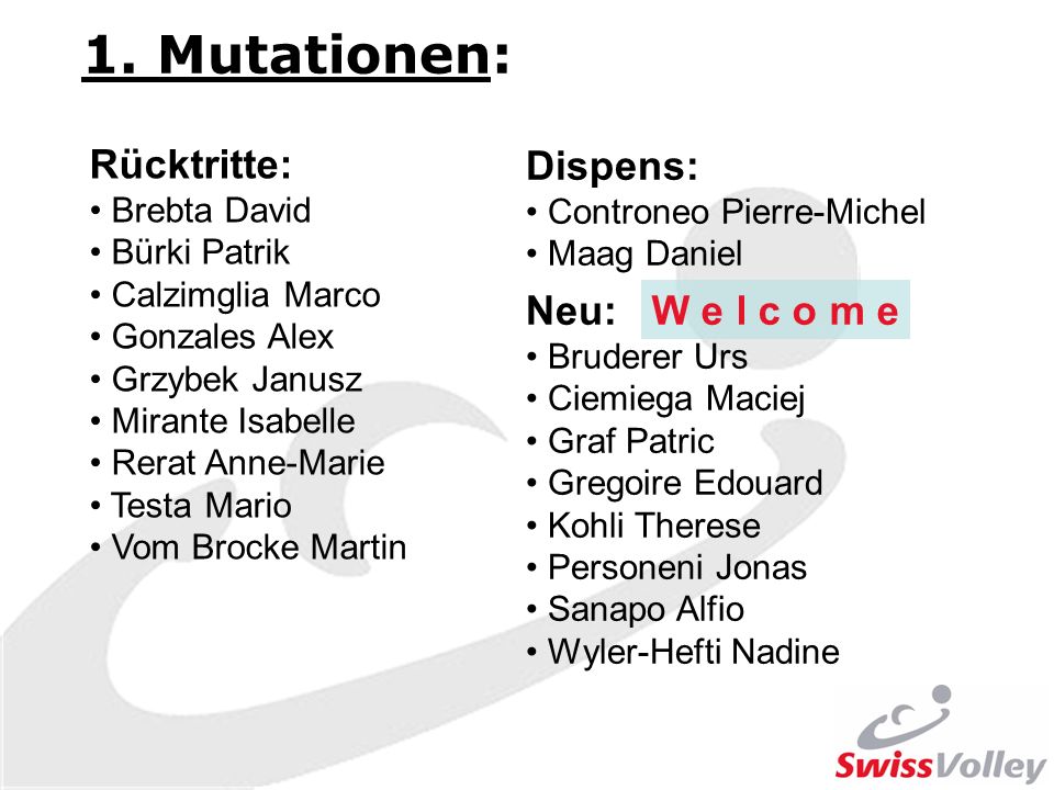 1. Mutationen: Rücktritte: Dispens: Neu: W e l c o m e Brebta David