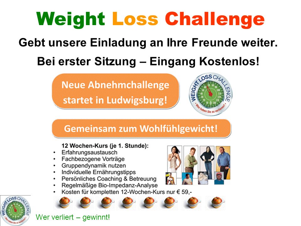 Weight Loss Challenge Gebt unsere Einladung an Ihre Freunde weiter.