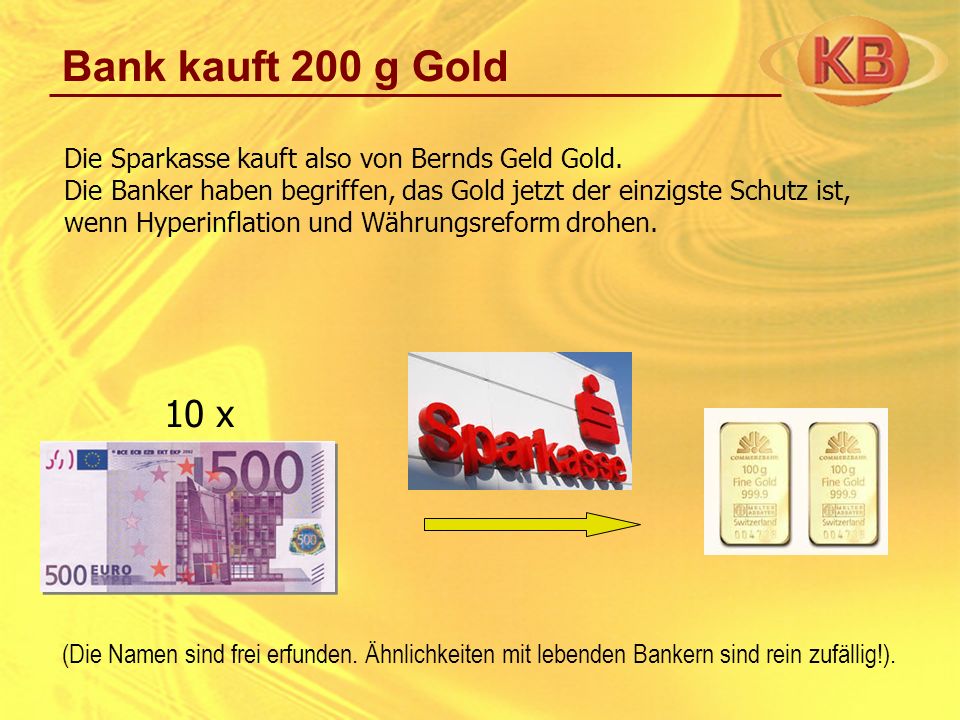 Bank kauft 200 g Gold Die Sparkasse kauft also von Bernds Geld Gold.