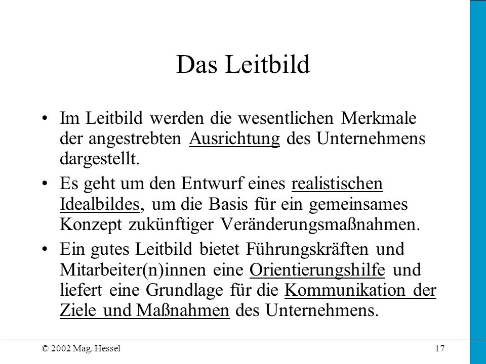 Das Leitbild Im Leitbild werden die wesentlichen Merkmale der angestrebten Ausrichtung des Unternehmens dargestellt.